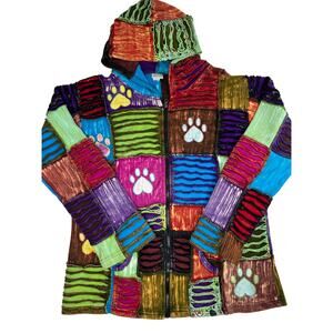 Patchwork Hippie Hoodie Jacket Womens Colorful Paw Print Boho Festival S/M
